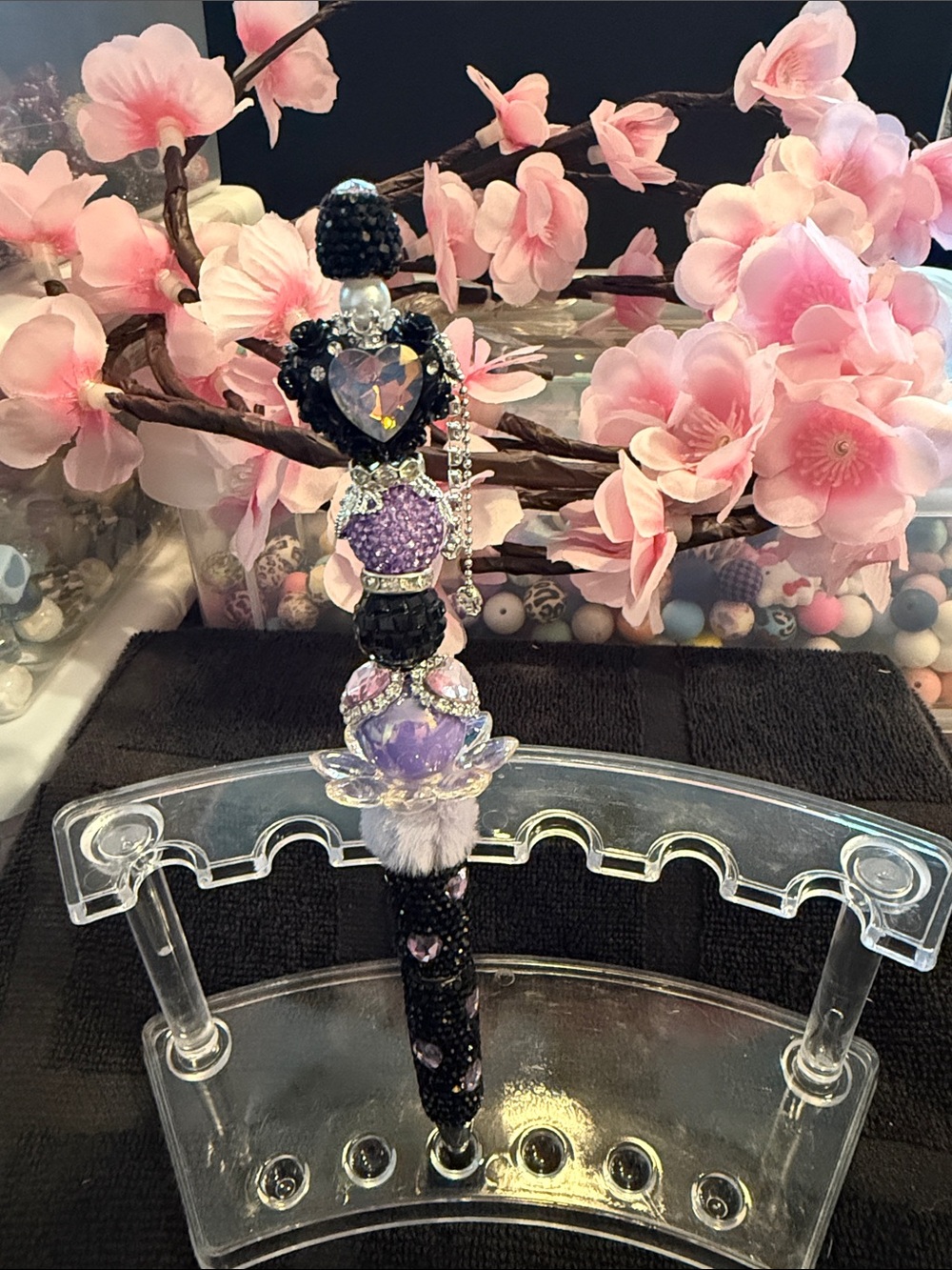 Handcrafted Black & Purple Decorative Pen with Heart Crystal Accent